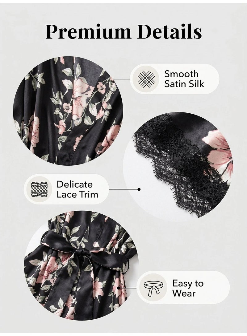 Elegant 5-Piece Women's Silk Satin Pajama Set with Black Floral Print - Luxury Sleepwear Includes Robe, Cami Top, Shorts, Slip Dress & Long Pants, Soft Summer Loungewear - Image 5