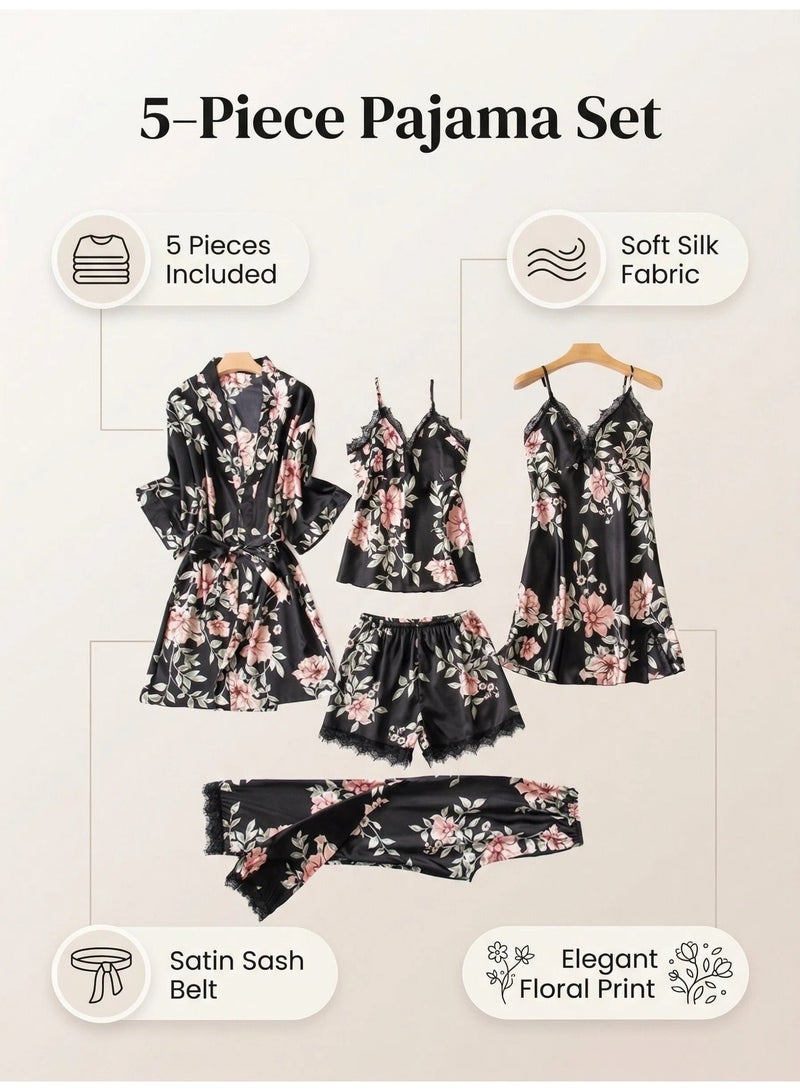 Elegant 5-Piece Women's Silk Satin Pajama Set with Black Floral Print - Luxury Sleepwear Includes Robe, Cami Top, Shorts, Slip Dress & Long Pants, Soft Summer Loungewear - Image 4