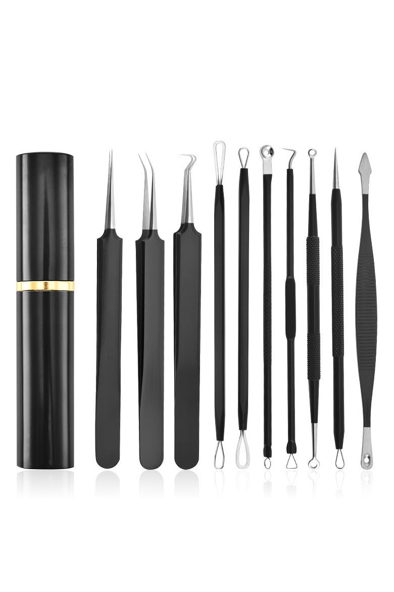Pimple Popper Tool Kit & Blackhead Remover Tool - 10 Pcs Comedone Extractor Set with Case for Quick Removal of Pimples, Blackheads, Zits, and Dark Spots. Effective Pimple and Black Spot Remover for Forehead, Facial, and Nose Areas (Black) - Image 1