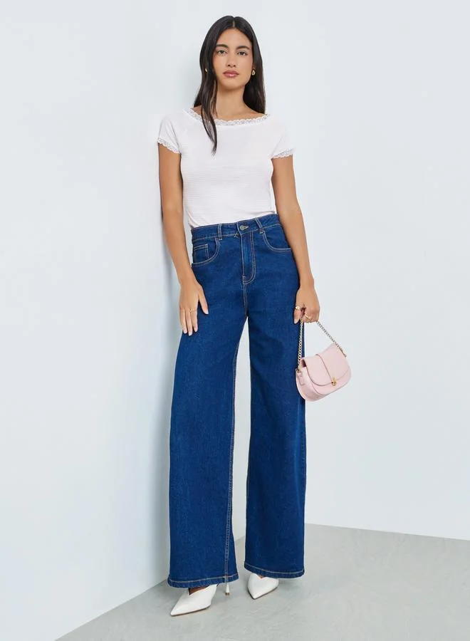 Styli Pointelle Boat Neck Lace Trim T-Shirt