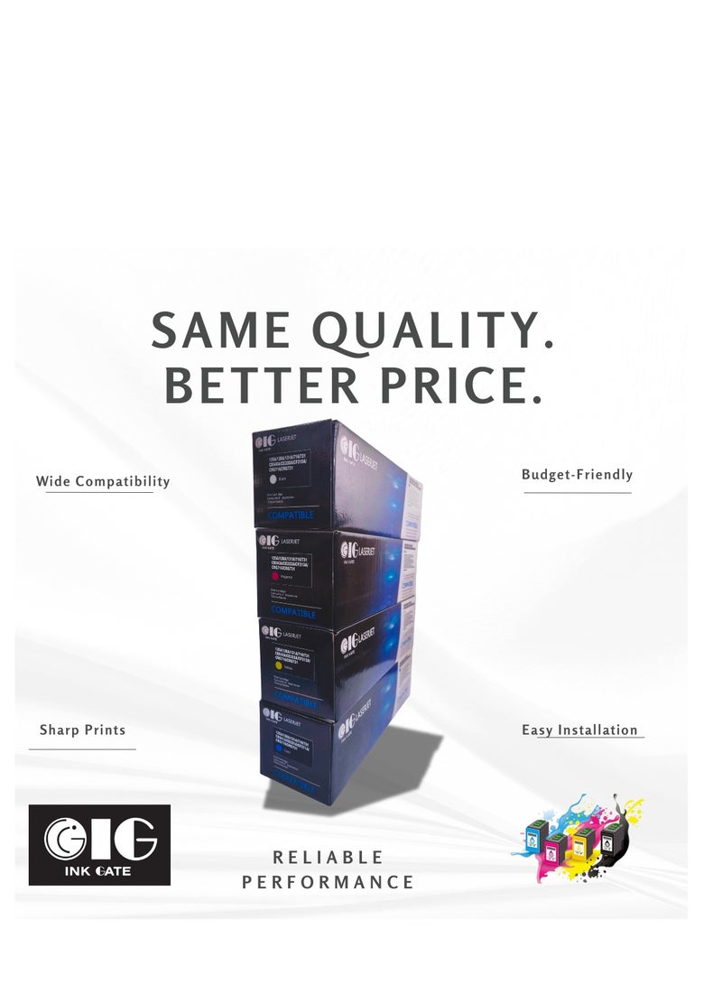 أي جي مجموعة خراطيش حبر متوافقة من HP,Canon Ink Gate (IG) – أسود، أزرق سماوي، أرجواني، أصفر – بديل لـ 125A / 128A / 131A / CB540A / CE320A / CF210A / CRG716 / CRG731 – لطابعات ألوان HP و Canon الليزرية – عبوة من 4 قطع - Image 1