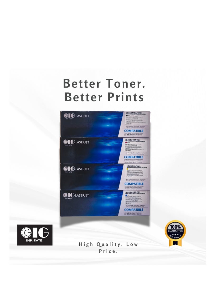 أي جي مجموعة خراطيش حبر متوافقة من HP,Canon Ink Gate (IG) – أسود، أزرق سماوي، أرجواني، أصفر – بديل لـ 125A / 128A / 131A / CB540A / CE320A / CF210A / CRG716 / CRG731 – لطابعات ألوان HP و Canon الليزرية – عبوة من 4 قطع - Image 3