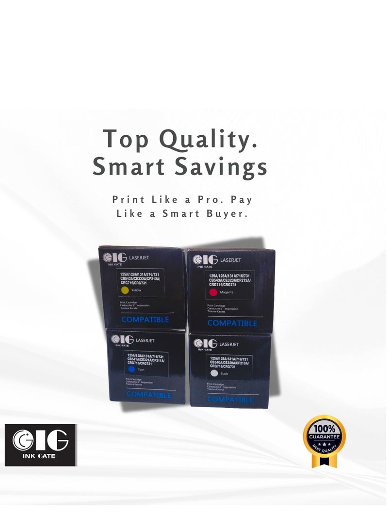 أي جي مجموعة خراطيش حبر متوافقة من HP,Canon Ink Gate (IG) – أسود، أزرق سماوي، أرجواني، أصفر – بديل لـ 125A / 128A / 131A / CB540A / CE320A / CF210A / CRG716 / CRG731 – لطابعات ألوان HP و Canon الليزرية – عبوة من 4 قطع - Image 5