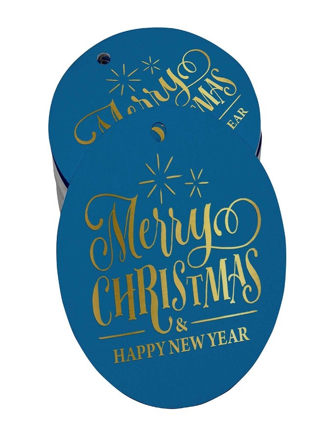 Inkdotpot Pack of 50 Gold Foil Paper Tags Merry Christmas & Happy New Year Text Favor Hang Tags - Image 1