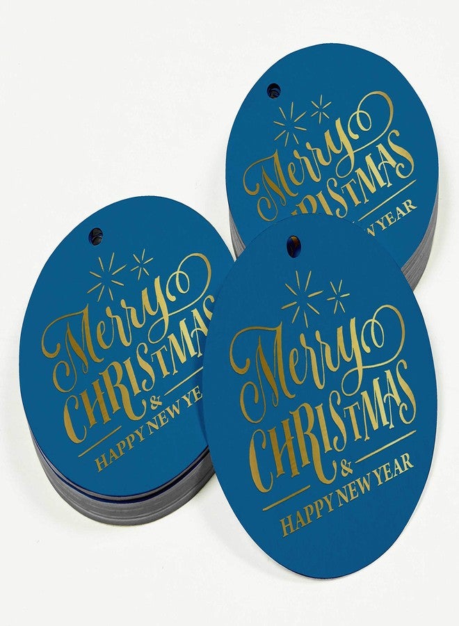Inkdotpot Pack of 50 Gold Foil Paper Tags Merry Christmas & Happy New Year Text Favor Hang Tags - Image 3