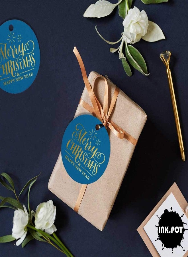 Inkdotpot Pack of 50 Gold Foil Paper Tags Merry Christmas & Happy New Year Text Favor Hang Tags - Image 5