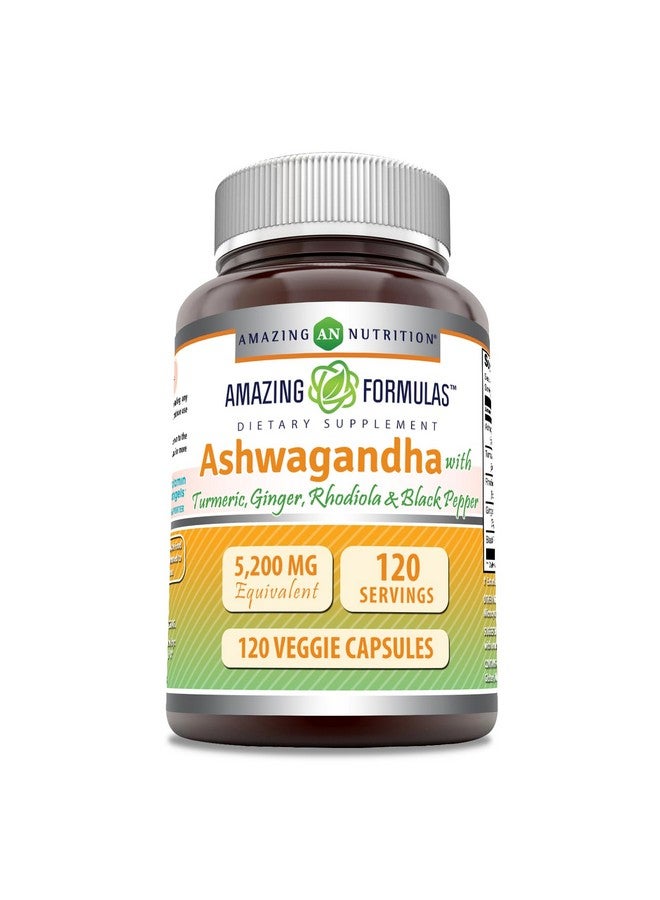 Amazing Nutrition Amazing Formulas Ashwagandha Supplement | Contains Turmeric, Ginger, Rhodiola, & Black Pepper | 5200 Mg Per Serving | 120 Veggie Capsules | Non-GMO | Gluten-Free | Made in USA - Image 1