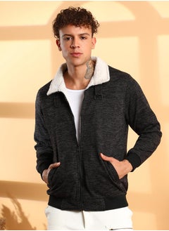 Campus Sutra Men's Charcoal Grey Heathered Jacket With Fleece Detail  - Image 2