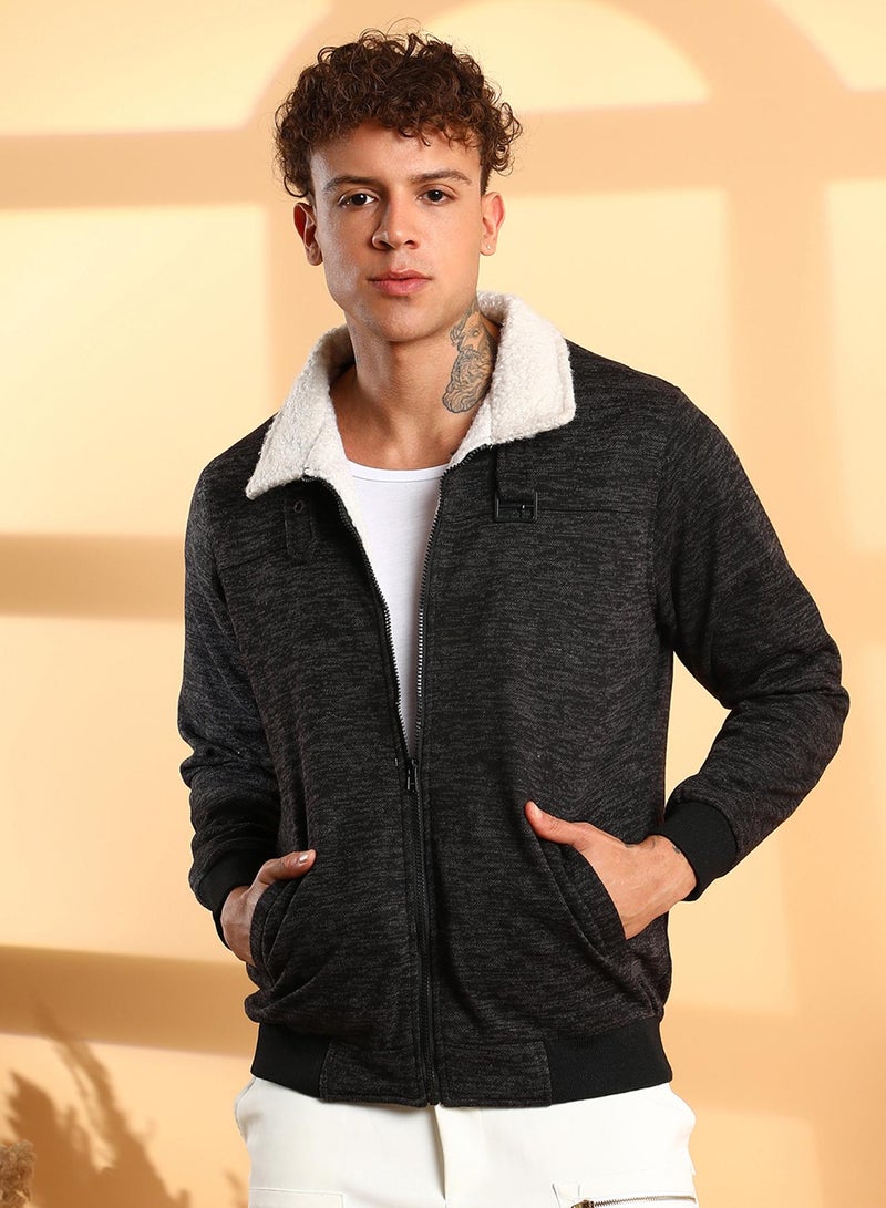 كامبوس سوترا Men's Charcoal Grey Heathered Jacket With Fleece Detail  - Image 2