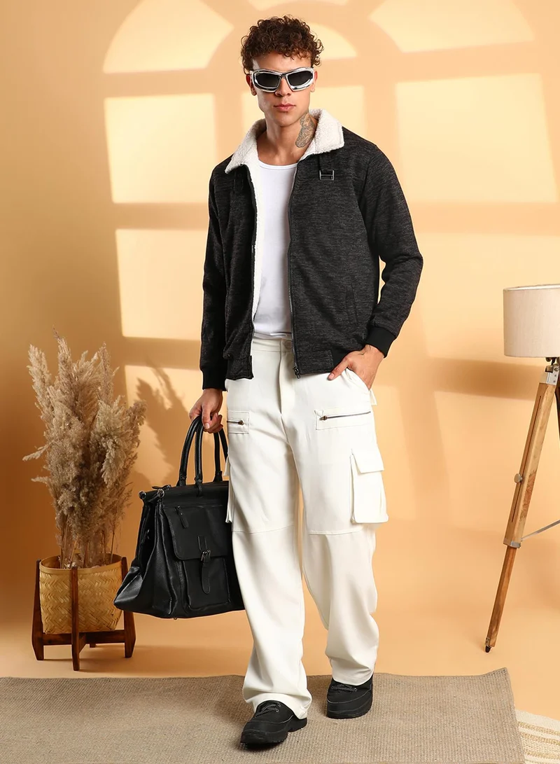 Campus Sutra Men's Charcoal Grey Heathered Jacket With Fleece Detail