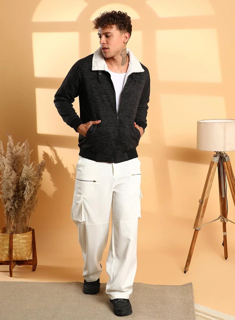 Campus Sutra Men's Charcoal Grey Heathered Jacket With Fleece Detail