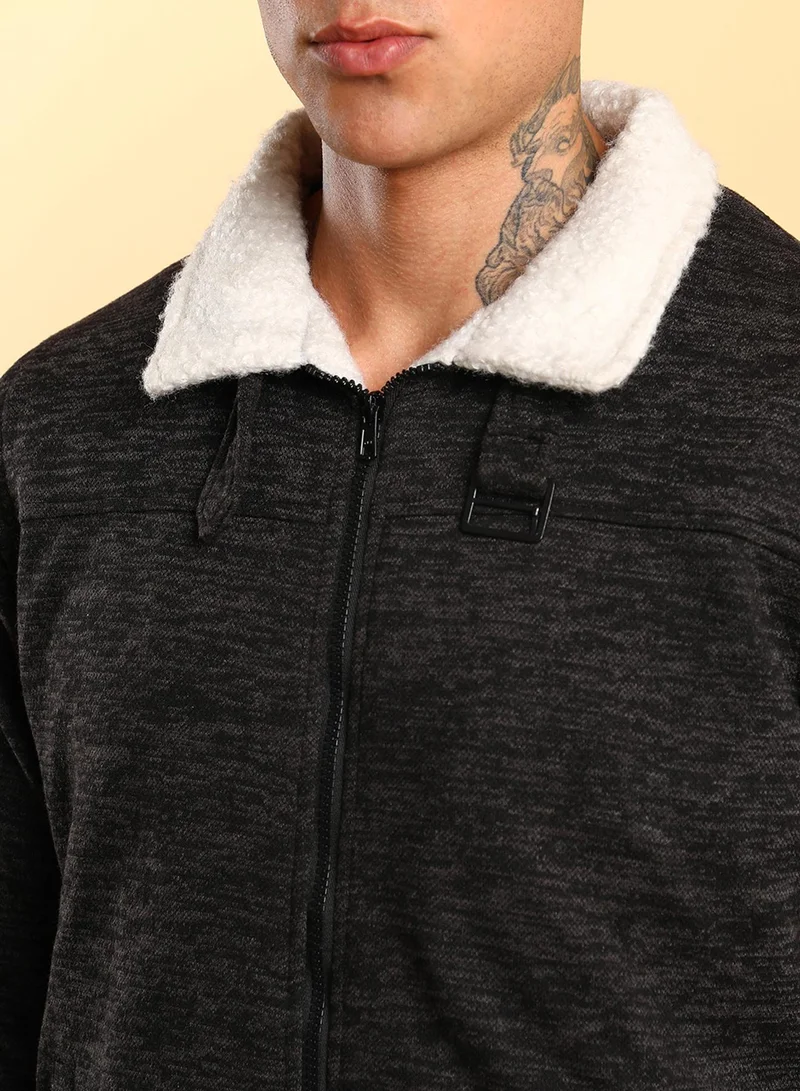Campus Sutra Men's Charcoal Grey Heathered Jacket With Fleece Detail