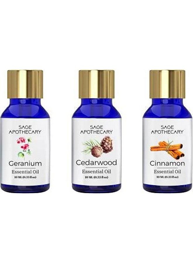 Sage Apothecary Essential Oil Geranium Cedarwood & Cinnamon ¦Essential Oil Combo 3 In 1 Pack ; 100% Pure 10Ml - Image 1