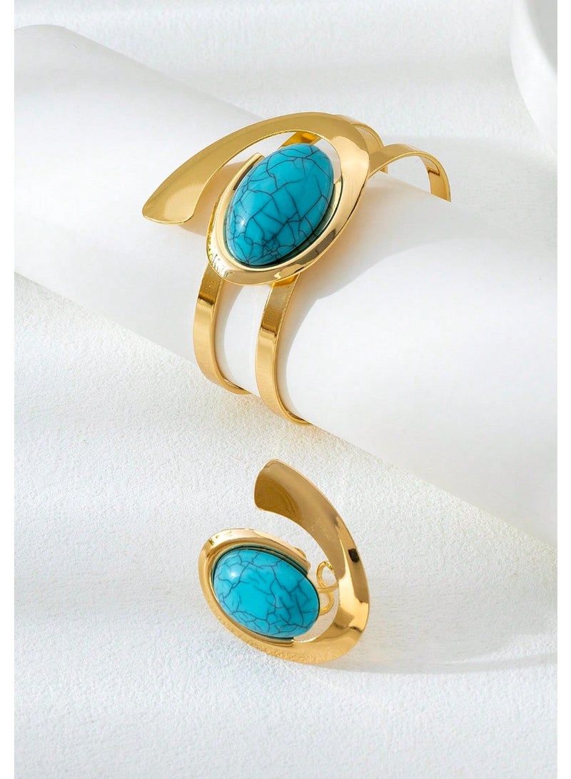 Shein 1 Set Fashion Exaggerated Metal Embedded Pearl Bracelet, Ring, Jewelry Mini Suit, Accessories - Holiday Gift - Image 3