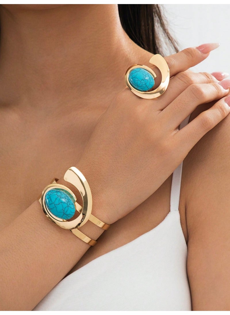 Shein 1 Set Fashion Exaggerated Metal Embedded Pearl Bracelet, Ring, Jewelry Mini Suit, Accessories - Holiday Gift - Image 1