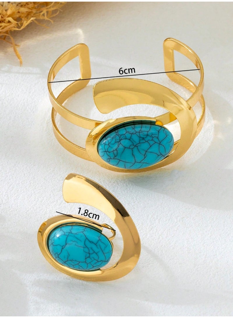 Shein 1 Set Fashion Exaggerated Metal Embedded Pearl Bracelet, Ring, Jewelry Mini Suit, Accessories - Holiday Gift - Image 5