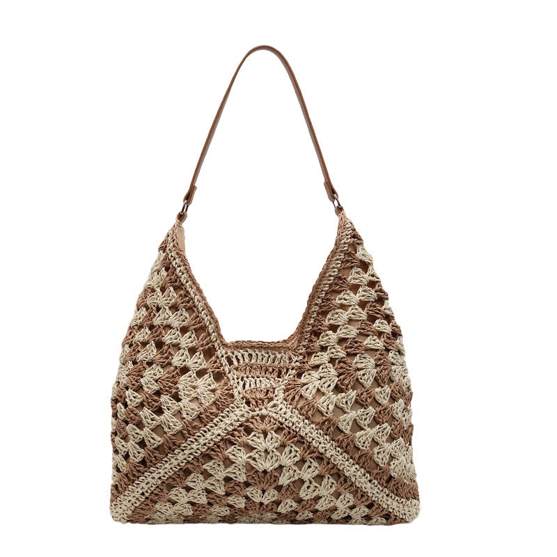 Exquisite All-Match Beach Holiday Woven Color Check Lady Underarm Tote Bag Shoulder Messenger Bag - Image 1