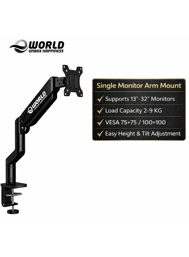 إي وورلد مسند ذراع مفرد لتثبيت شاشة الكمبيوتر بحامل مكتبي يحتوي على نظام يعمل بالربيع الغازي ويتحرك بكامل حرية في الارتفاع والحركة، مصمم ليناسب شاشات الكمبيوتر بمقاسات 21 22 23 24 27 30 32 بوصة - Image 1