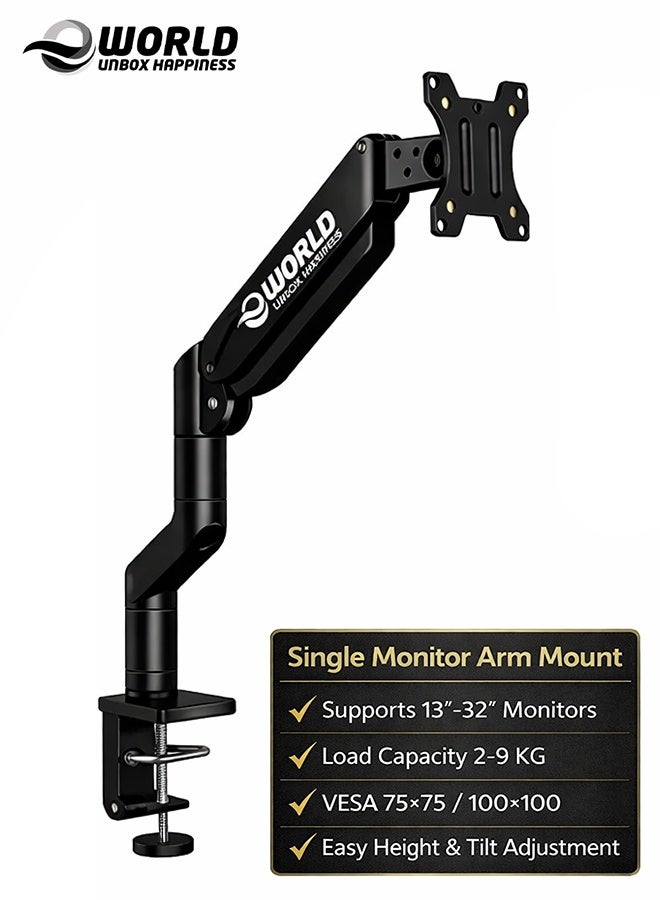 Eworld Single Monitor Arm Desk Mount with Gas Spring and Full Motion Articulating Height Adjustable Wing Which Fits 21 22 23 24 27 30 32 Inch VESA Computer Screen - Image 1