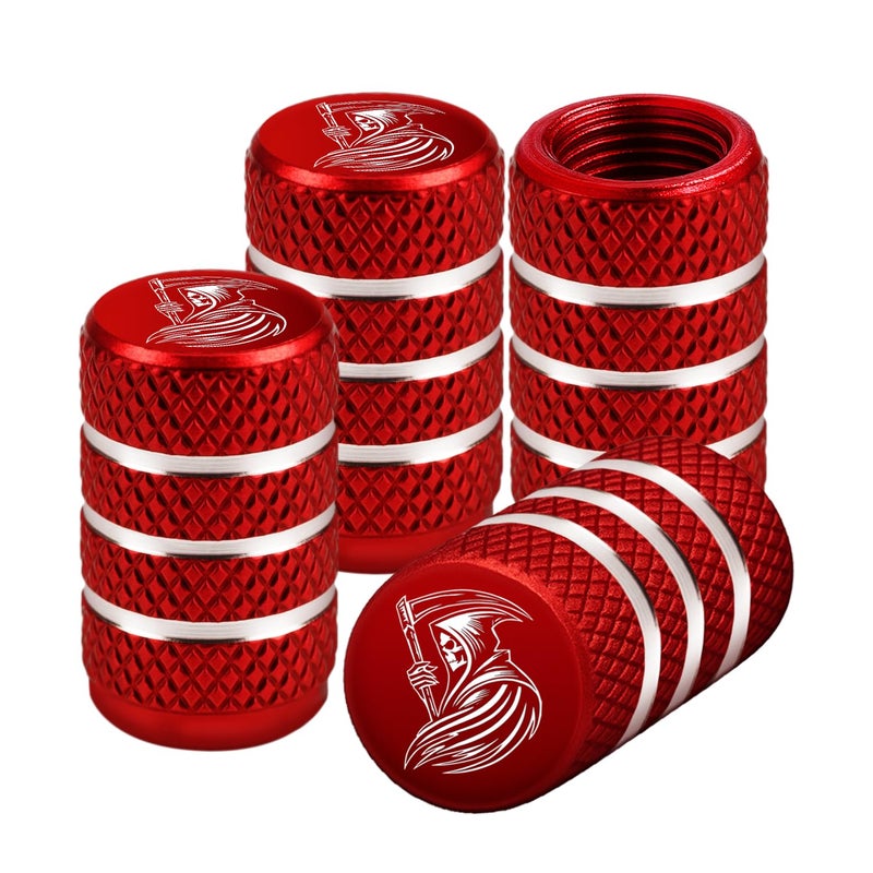 BDFHYK Grim Reaper Tire Valve Stem Caps 4 pcsPack Anodized Aluminum Tire Valve Cap Set Corrosion Resistant Universal Stem Covers for Cars Trucks Motorcycles SUVs and Bikes Red - Image 3
