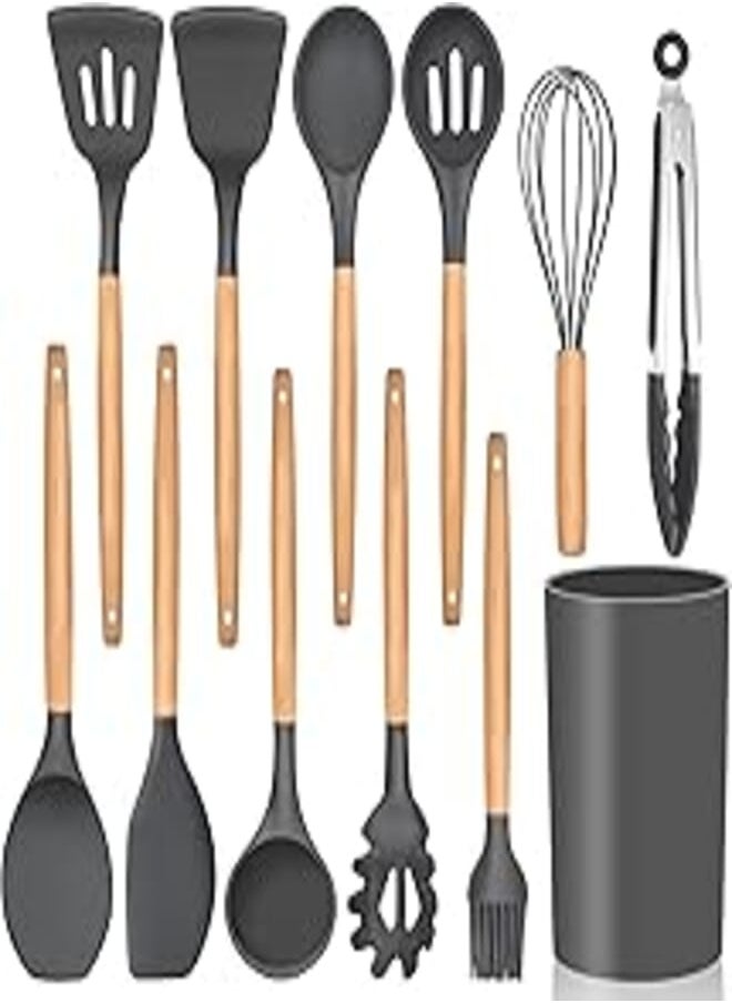 E-far E-far Kitchen Utensils Set of 12, E-far Silicone Cooking Utensils with Holder, Non-stick Cookware Friendly & Heat Resistant, Includes Spatula Tong Whisk Ladle Brush Slotted Turner Spoon(Gray) 