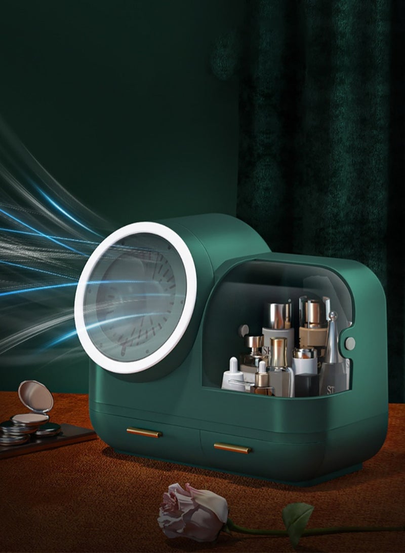 Merry Moments Make Up Organizers Cosmetics Storage Adjustable LED Mirror Fan USB Charging Large Capacity for Cosmetics Jewelry Makeup Brushes Lipsticks for Bedroom Bathroom Desktop Green Colour Size  - Image 1