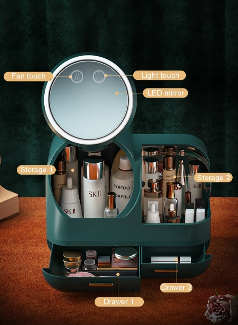 Merry Moments Make Up Organizers Cosmetics Storage Adjustable LED Mirror Fan USB Charging Large Capacity for Cosmetics Jewelry Makeup Brushes Lipsticks for Bedroom Bathroom Desktop Green Colour Size  - Image 2
