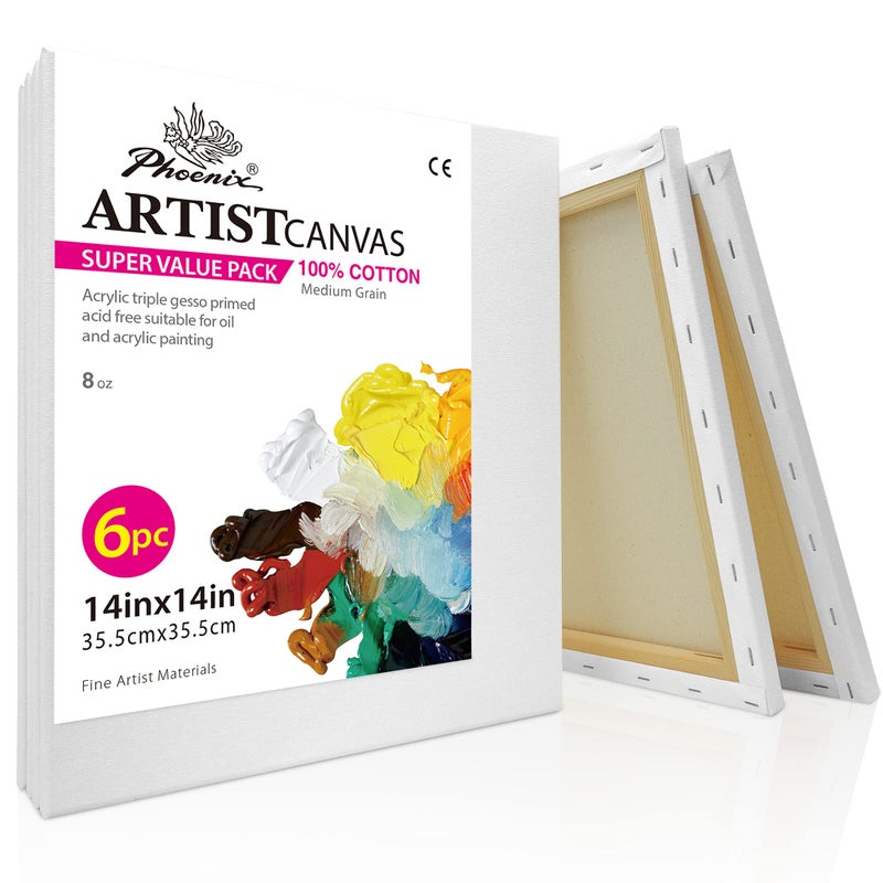 PHOENIX Stretched Canvas for Painting 14x14 Inch/6 Value Pack, 8 Oz Triple Primed 5/8 Inch Profile 100% Cotton White Blank Canvas, Square Framed Canvas for Oil Acrylic & Pouring Art - Image 1