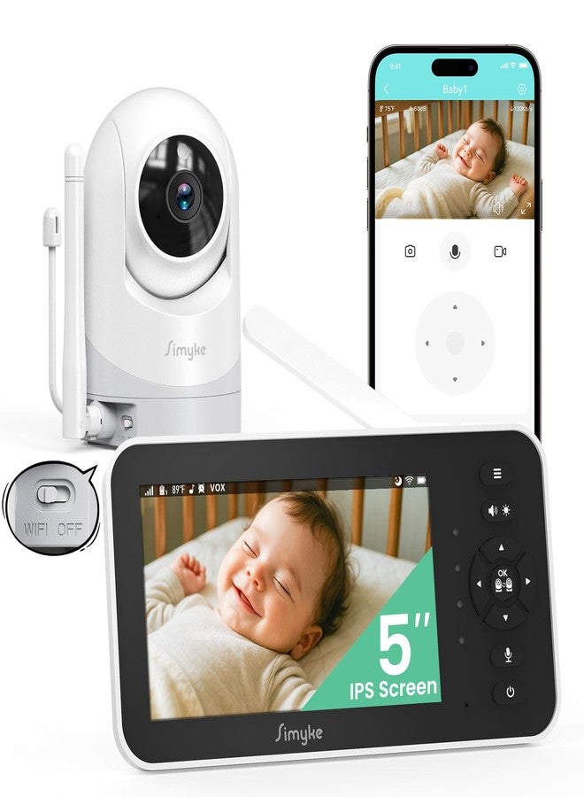 Simyke Video Baby Monitor - 5''IPS Screen & 1080P Camera App Control, Motion Alerts, HD Night Vision, 2-Way Talk, Multi-User, Triple Security, 1200ft Range - Image 1