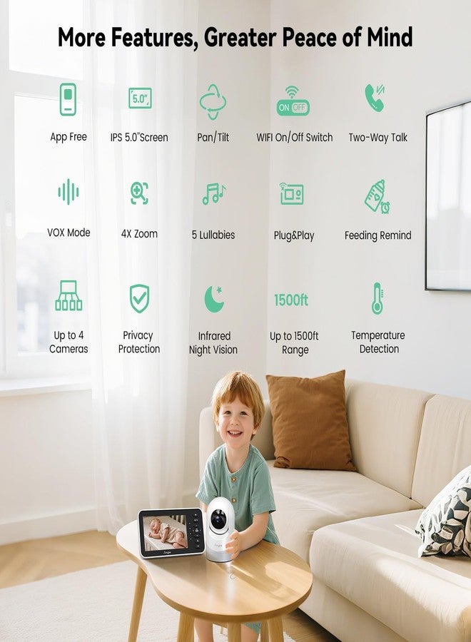 Simyke Video Baby Monitor - 5''IPS Screen & 1080P Camera App Control, Motion Alerts, HD Night Vision, 2-Way Talk, Multi-User, Triple Security, 1200ft Range - Image 3