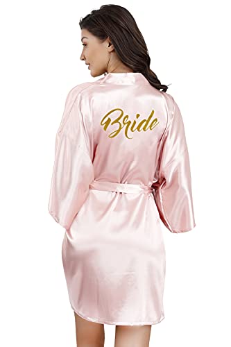 EPLAZA Bride Bridesmaid Robes for Wedding Bridal Party Women Short Solid Color Silky Satin Robe Kimono with Gold Glitters (Pink, Bride) - Image 1