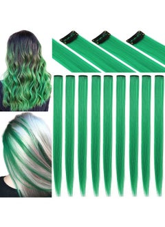 ECOCHARMS ECOCHARMS Green Hair Extensions 20 Inch colored Wig Heat-Resistant Straight Highlight Hairpieces Cospaly Fashion Party Gift for Girls 9 PCS  - Image 3