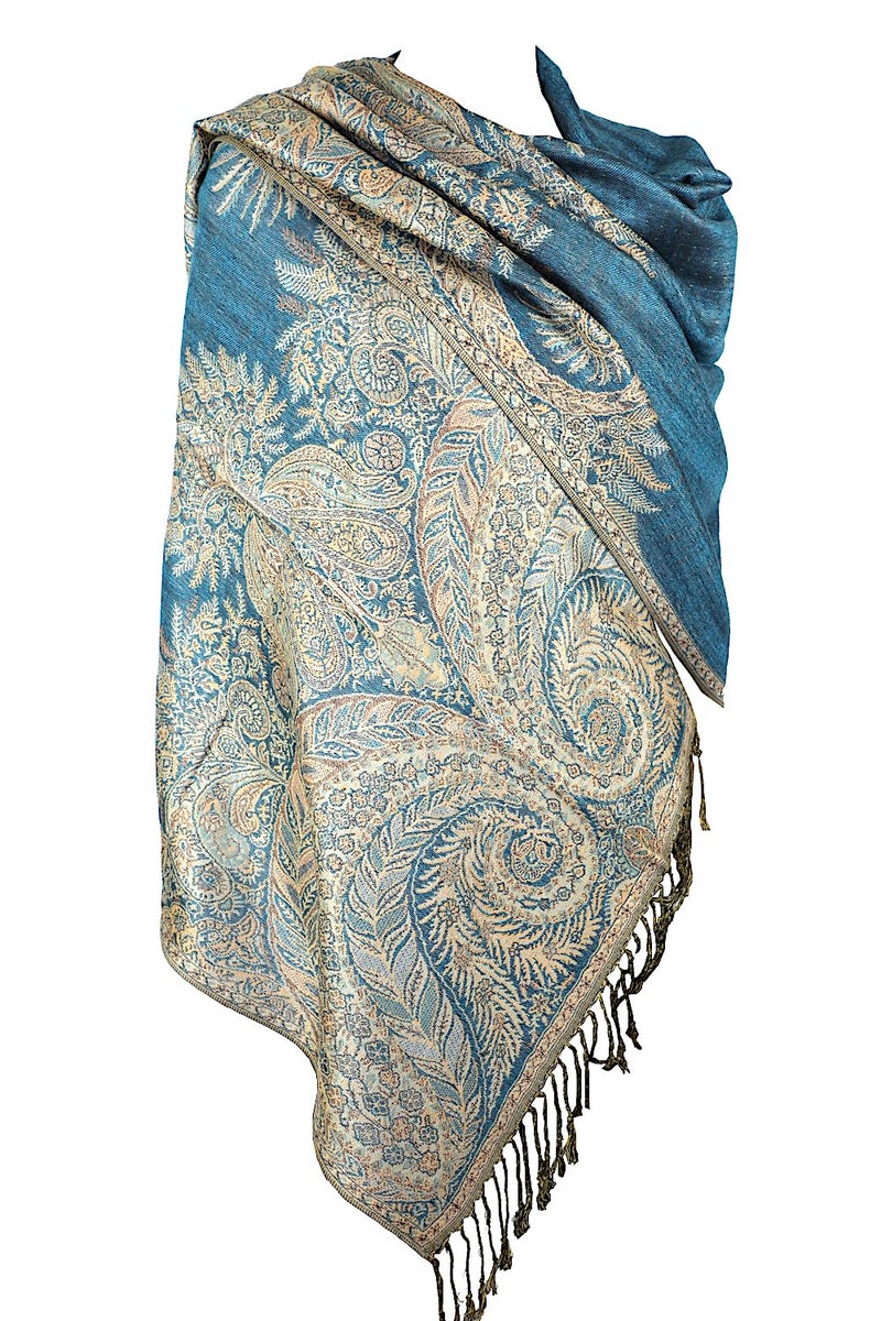 Achillea Luxurious Double Layered Jacquard Big Paisley Pashmina Shawl Wrap Scarf (Turquoise) - Image 1