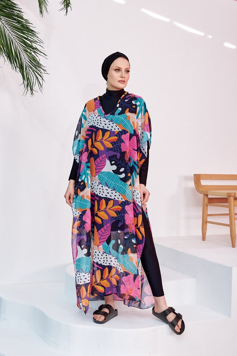 Remsa Mayo Hijab Swimsuit Patterned Single Kaftan Pareo 430-132 Fuchsia  - Image 1