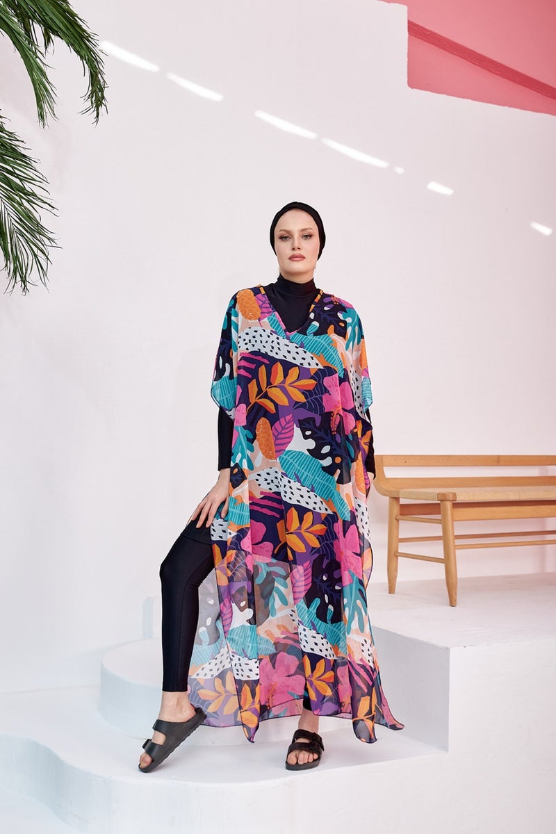 Remsa Mayo Hijab Swimsuit Patterned Single Kaftan Pareo 430-132 Fuchsia  - Image 3