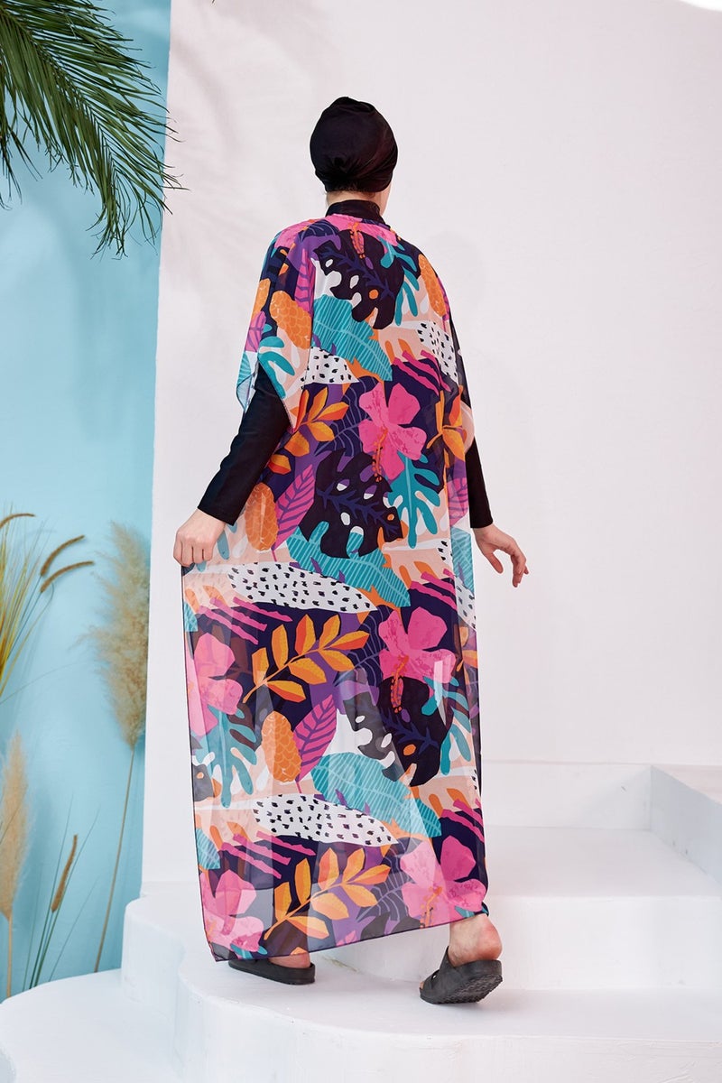 Remsa Mayo Hijab Swimsuit Patterned Single Kaftan Pareo 430-132 Fuchsia  - Image 4