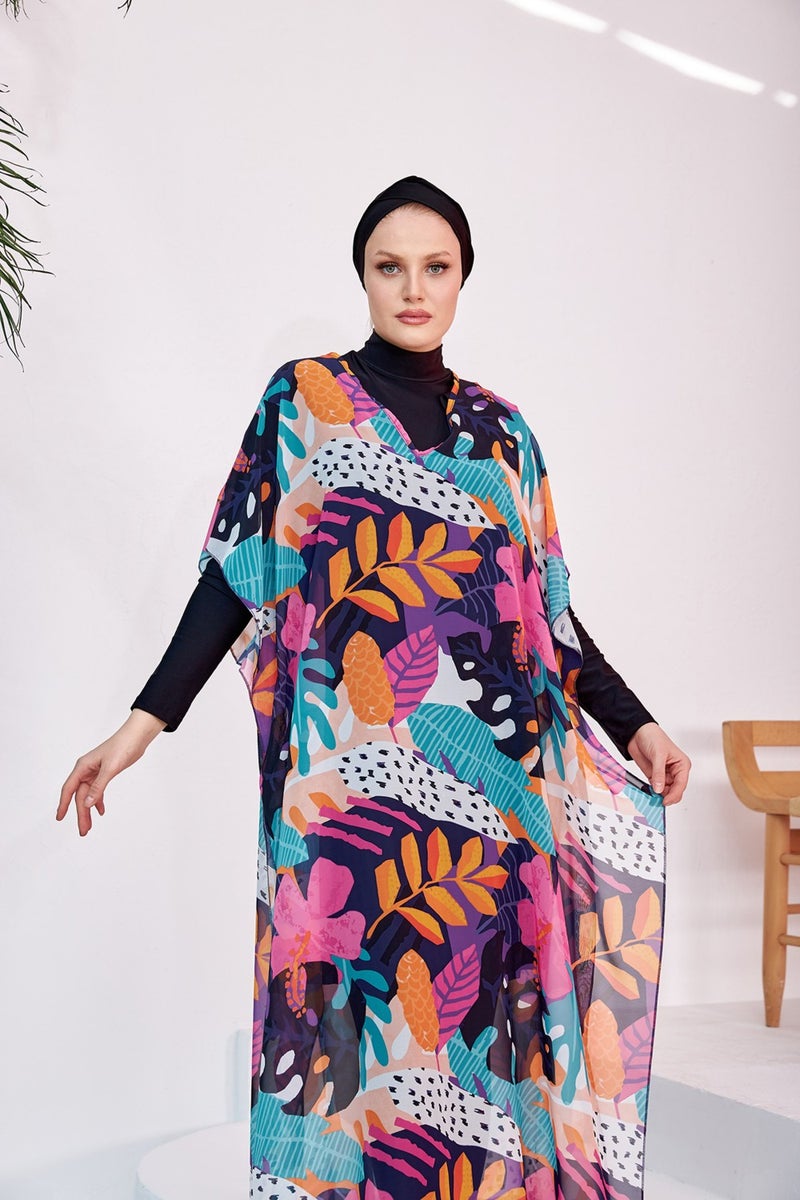 Remsa Mayo Hijab Swimsuit Patterned Single Kaftan Pareo 430-132 Fuchsia  - Image 2