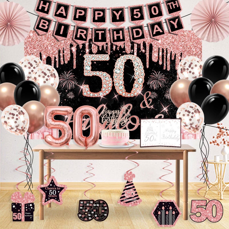 Juesly 50th Birthday Decorations for Women, 32pcs 50th Birthday Party Decorations, Including Backdrop, Crown, Sash, banner, Hanging Swirl, Cake Topper, balloons, Paper Fans, Anniversary Card and paper fans - Image 5