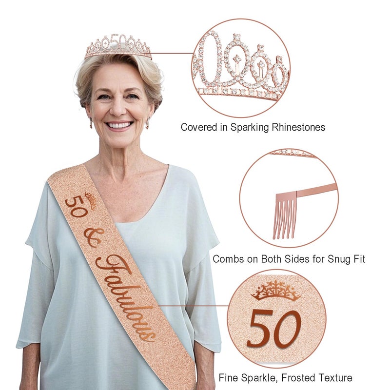 Juesly 50th Birthday Decorations for Women, 32pcs 50th Birthday Party Decorations, Including Backdrop, Crown, Sash, banner, Hanging Swirl, Cake Topper, balloons, Paper Fans, Anniversary Card and paper fans - Image 4