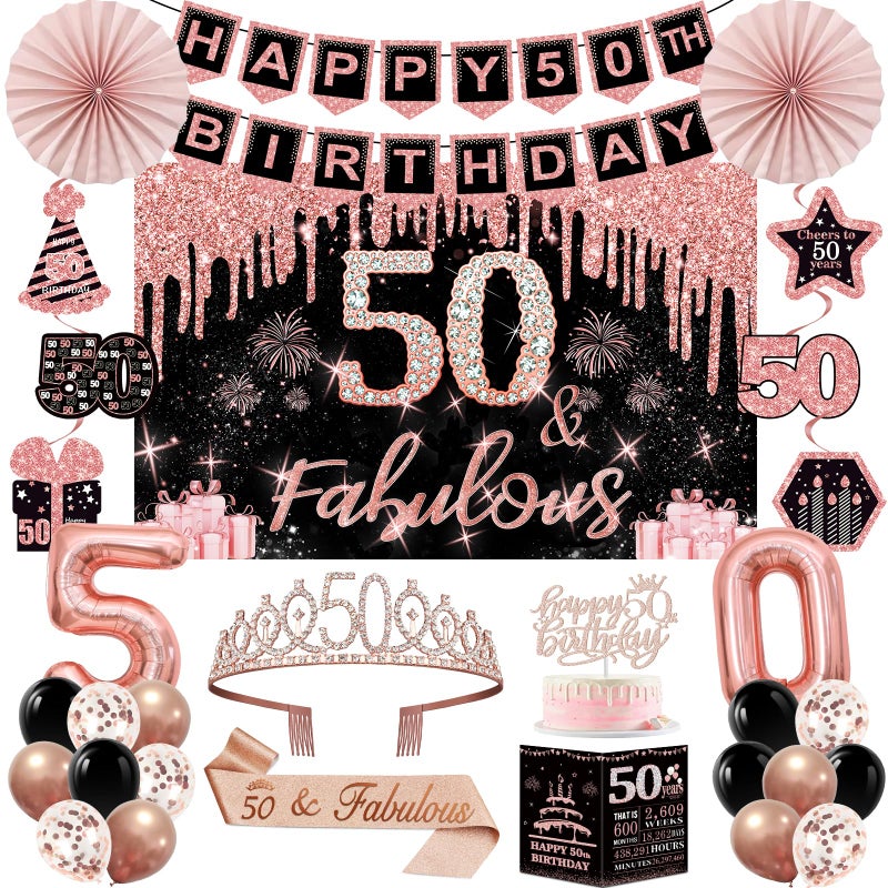 Juesly 50th Birthday Decorations for Women, 32pcs 50th Birthday Party Decorations, Including Backdrop, Crown, Sash, banner, Hanging Swirl, Cake Topper, balloons, Paper Fans, Anniversary Card and paper fans - Image 1