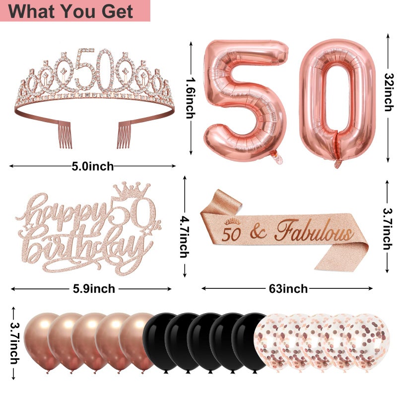 Juesly 50th Birthday Decorations for Women, 32pcs 50th Birthday Party Decorations, Including Backdrop, Crown, Sash, banner, Hanging Swirl, Cake Topper, balloons, Paper Fans, Anniversary Card and paper fans - Image 2