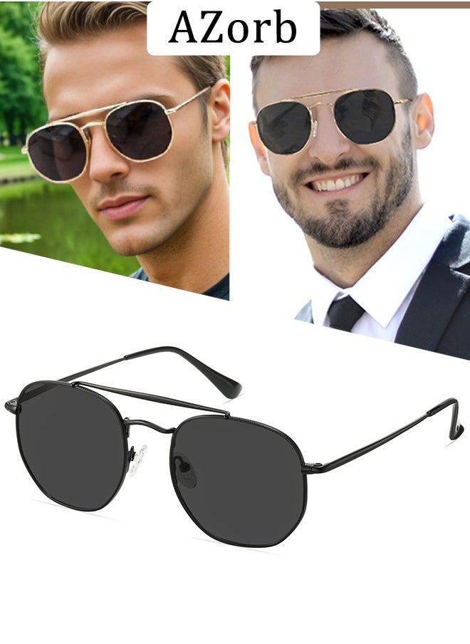 AZorb Polarized Aviator Sunglasses Men Women Hexagon Metal Frame Sun Glassess Men's Ladies Double Bridge Polygon Mens Sunglass Retro Police Eye Glasses UV400 Protection Shades for Driving Travel Daily Black  - Image 1