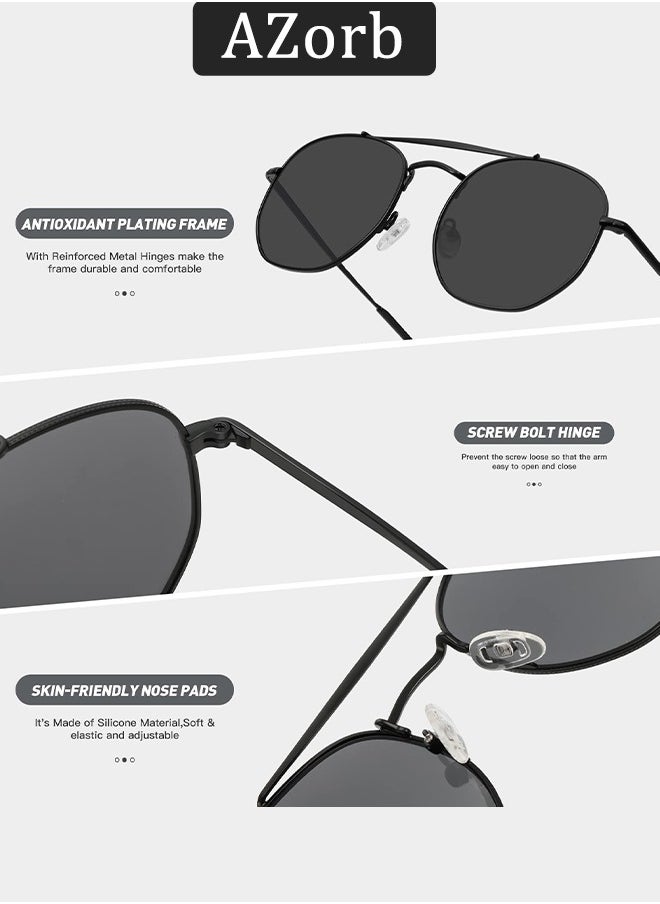 AZorb Polarized Aviator Sunglasses Men Women Hexagon Metal Frame Sun Glassess Men's Ladies Double Bridge Polygon Mens Sunglass Retro Police Eye Glasses UV400 Protection Shades for Driving Travel Daily Black  - Image 3