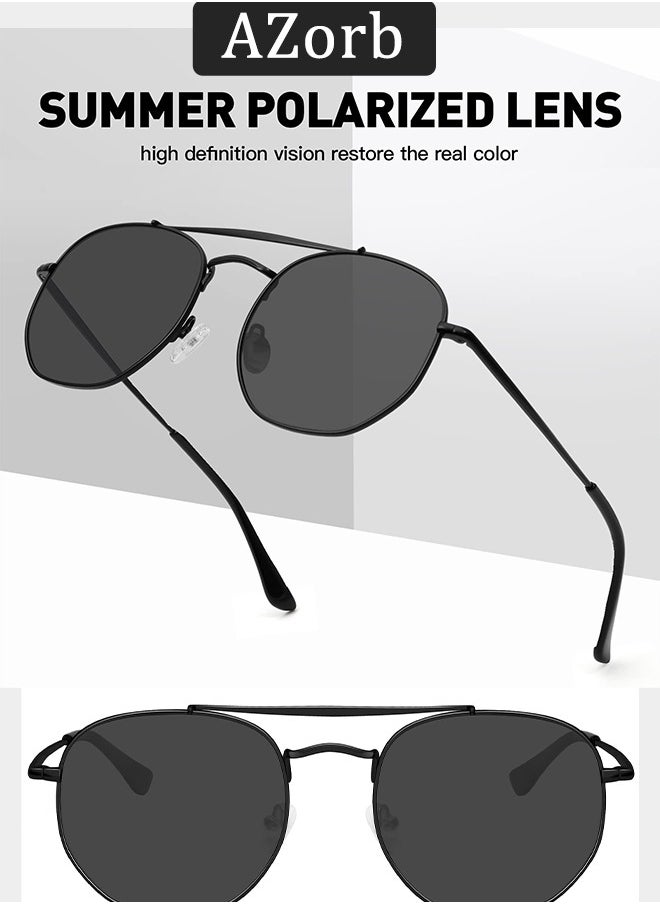 AZorb Polarized Aviator Sunglasses Men Women Hexagon Metal Frame Sun Glassess Men's Ladies Double Bridge Polygon Mens Sunglass Retro Police Eye Glasses UV400 Protection Shades for Driving Travel Daily Black  - Image 5