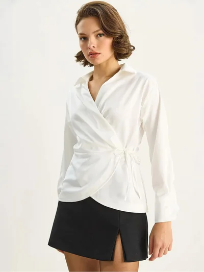 Bianco Lucci LUCCI Satin V-Neck Shirt with Tie Closure