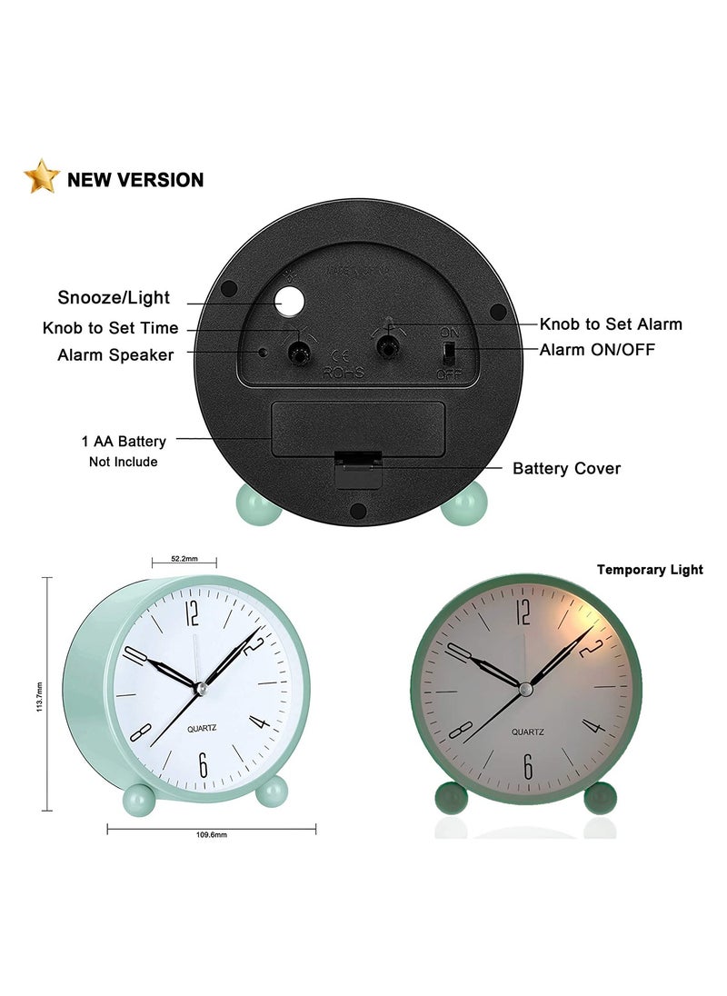 Analog Alarm Clock 4 inch Super Silent Non Ticking Small Clock with Night Light Battery Operated Simply Design for Bedroom Bedside Desk