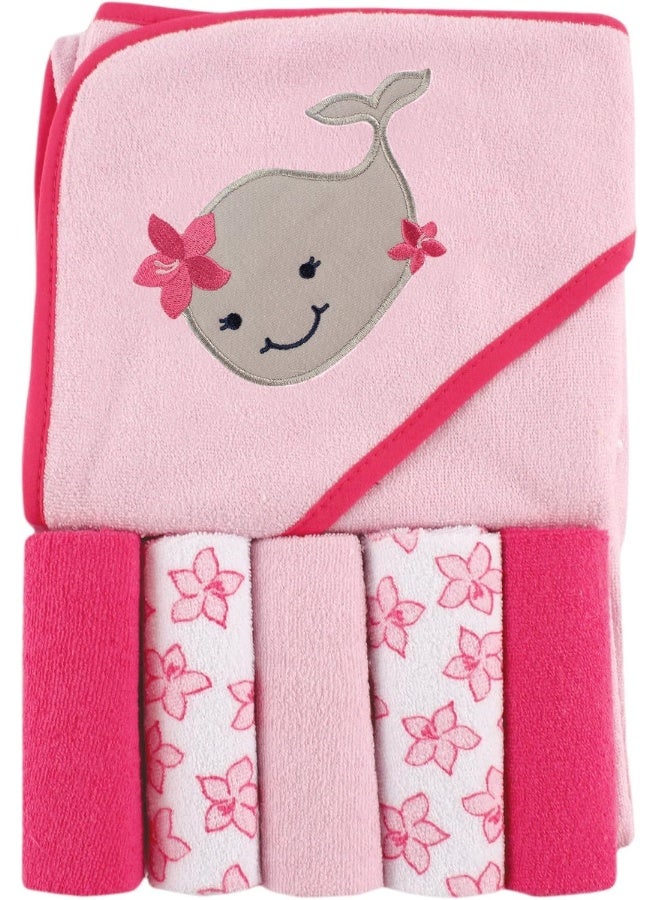 Luvable Friends Unisex Baby Hooded Towel with Five Washcloths, Girly Whale, One Size - Image 1