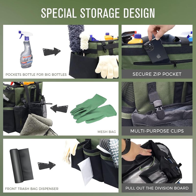 SCAVATA Wearable Cleaning Caddy, Cleaning Caddy Supplies Organizer with Handle & Shoulder Straps for Housekeepers, Under Sink & Car Cleaning Tool Organizers Bag with 4 Foldable Divider (Green) - Image 2