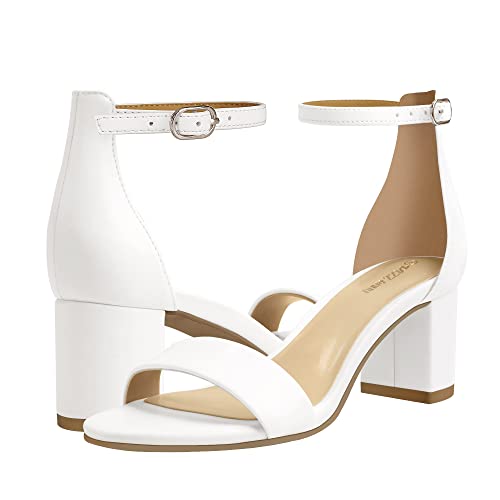 PIZZ ANNU Women's Low Block Chunky Heels Sandals Comfortable Open Toe Ankle Strap Party Dress Pump Shoes Strappy Buckle Heeled Sandal, White 8 - Image 2