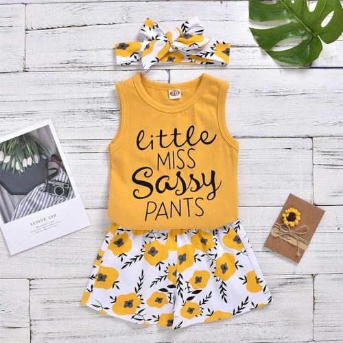 Hipea Toddler Baby Girl Outfits Flower Tops Sleeveless Vest Shorts Headband Summer Clothes Set(2-3T) - Image 2